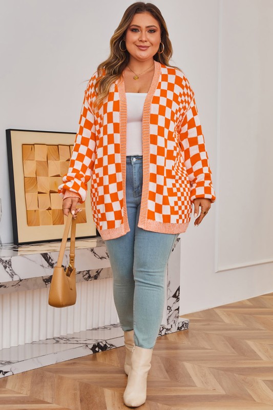 Plus Size Checker Drop Shoulder Open Front Cardiga