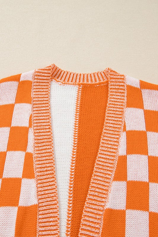 Plus Size Checker Drop Shoulder Open Front Cardiga