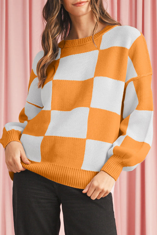 Dark Brown Plaid Bishop Sleeve Pullover Sweater