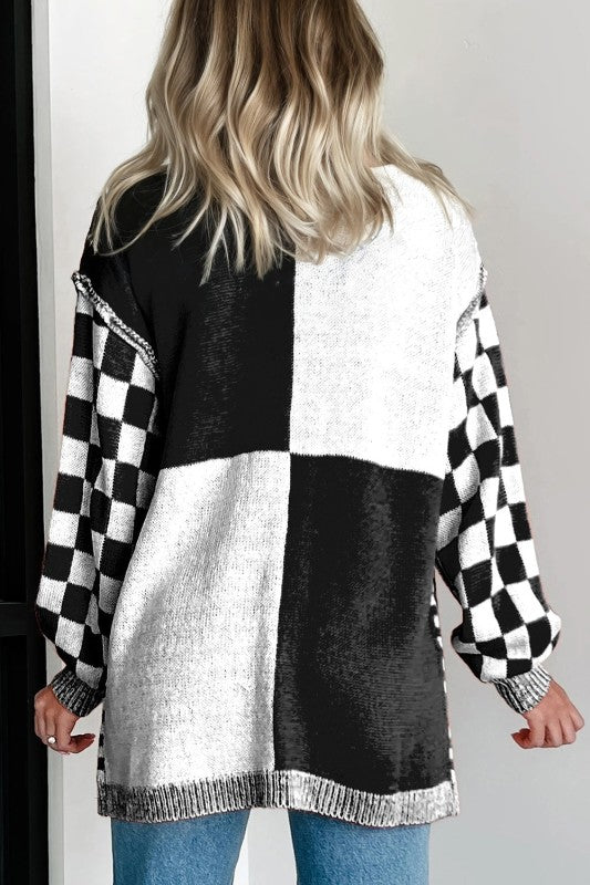 Plus Size Checker Drop Shoulder Open Front Cardiga
