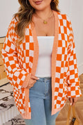 Plus Size Checker Drop Shoulder Open Front Cardiga